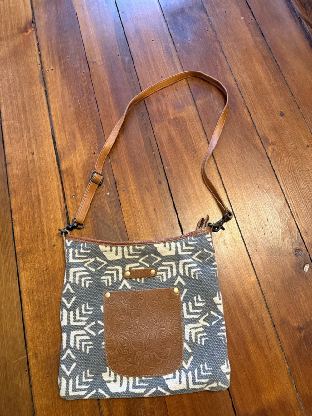 Canvas Crossbody Bag with Leather Trim - Blue & White